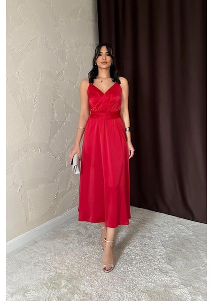 Mottisfashion Kırmızı Taş Askılı Prenses Elbise