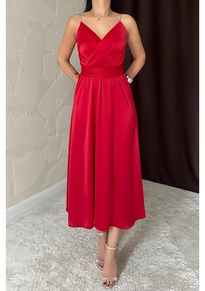 Mottisfashion Kırmızı Taş Askılı Prenses Elbise modelleri