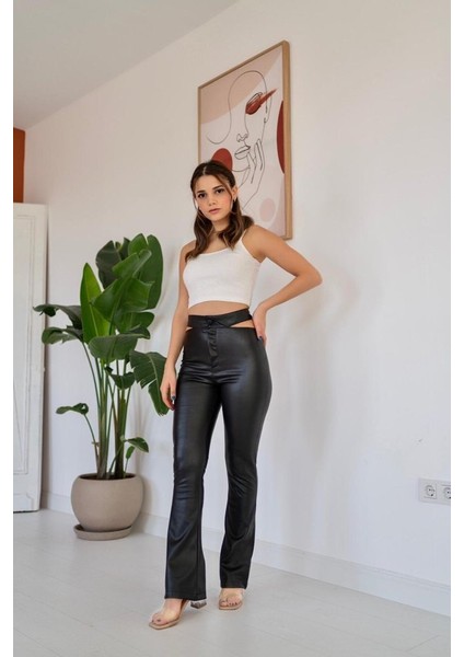 Mottisfashion Siyah Bel Detaylı Deri Pantolon