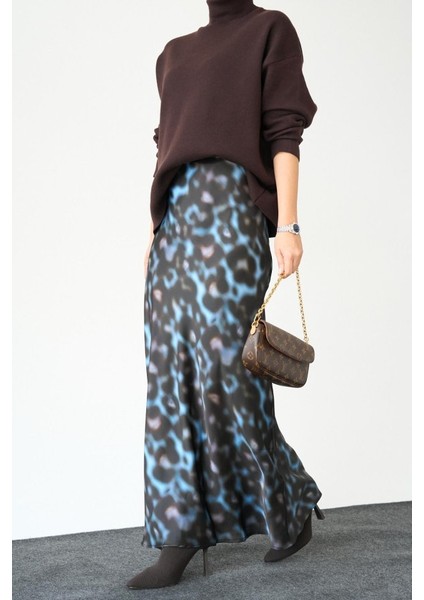 Mottisfashion Uzun Saten Etek - Siyah-Mavi