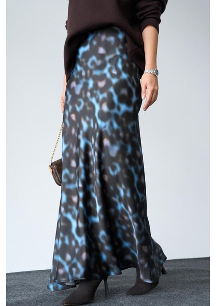 Mottisfashion Uzun Saten Etek - Siyah-Mavi