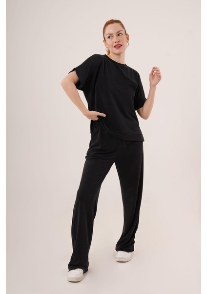 Mottisfashion Modal Kısa Kollu Üst ve Geniş Paça Eşofman Ikili Siyah Takım