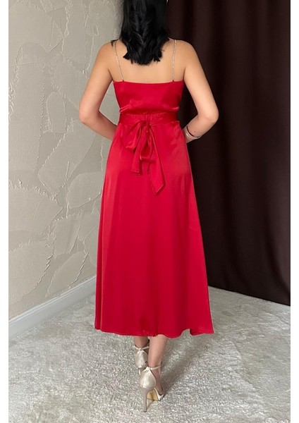 Mottisfashion Kırmızı Taş Askılı Prenses Elbise