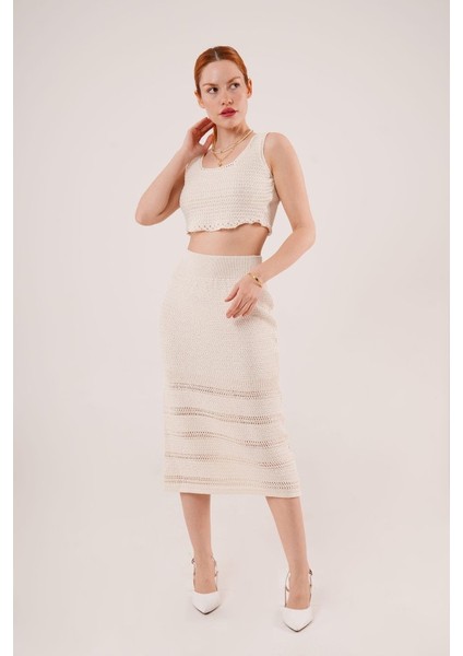 Mottisfashion Örme Detaylı Etek ve Bluz Krem Takım