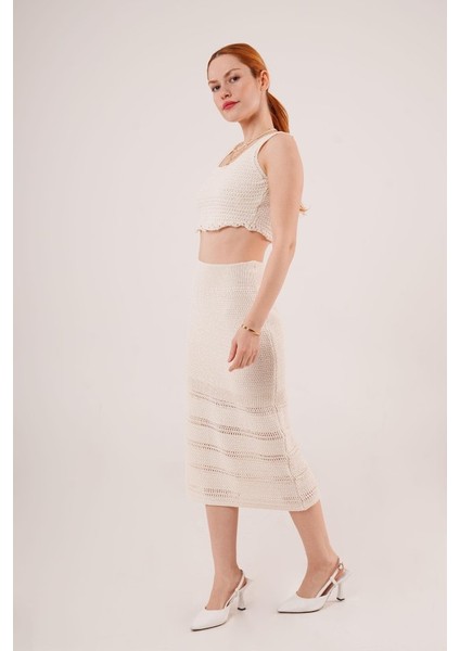 Mottisfashion Örme Detaylı Etek ve Bluz Krem Takım modelleri