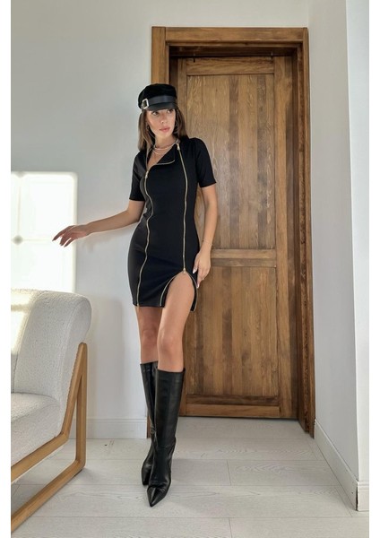 Mottisfashion Siyah Fermuarlı Ottoman Elbise indirimleri