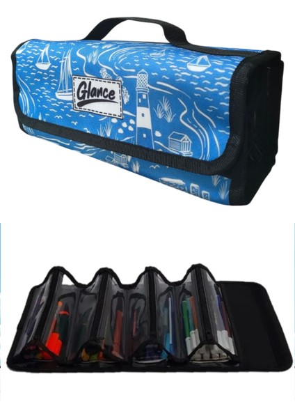 4 Bölümlü Mavi Deniz Fenerli Kalem Çantası Kulplu