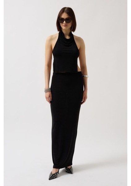 Mottisfashion Parlak Kumaş Maxi Etek