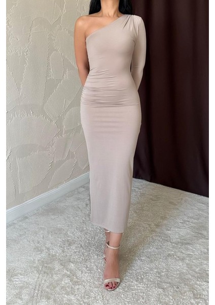 Mottisfashion Bej Büzgü Detaylı Tek Omuz Elbise modelleri