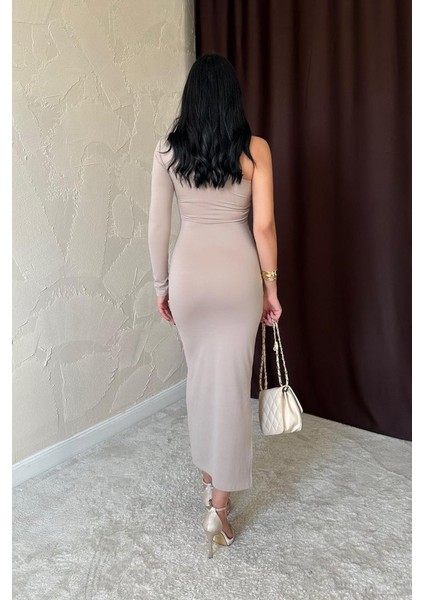 Mottisfashion Bej Büzgü Detaylı Tek Omuz Elbise fırsatları