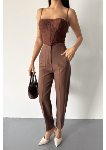Mottisfashion Pantolon Pensli Atlas Kumaş - Kahverengi fırsatları