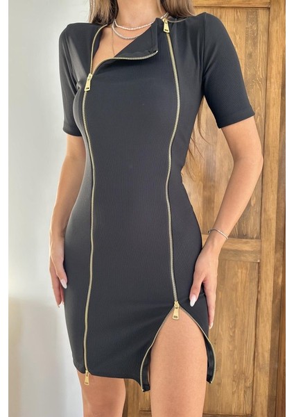 Mottisfashion Siyah Fermuarlı Ottoman Elbise