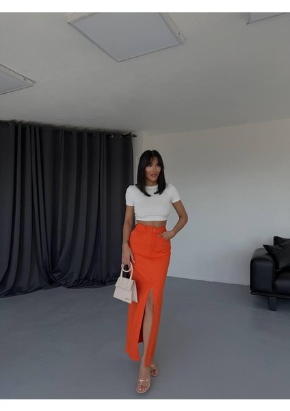 Mottisfashion Gabardin Uzun Önden Yırtmaçlı Etek - Turuncu