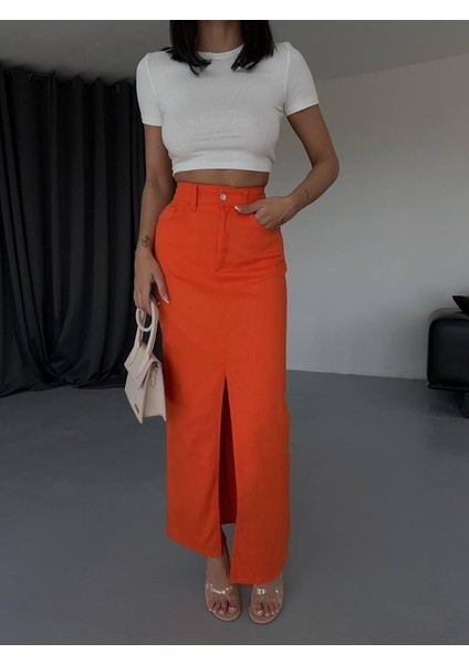 Mottisfashion Gabardin Uzun Önden Yırtmaçlı Etek - Turuncu fiyatları