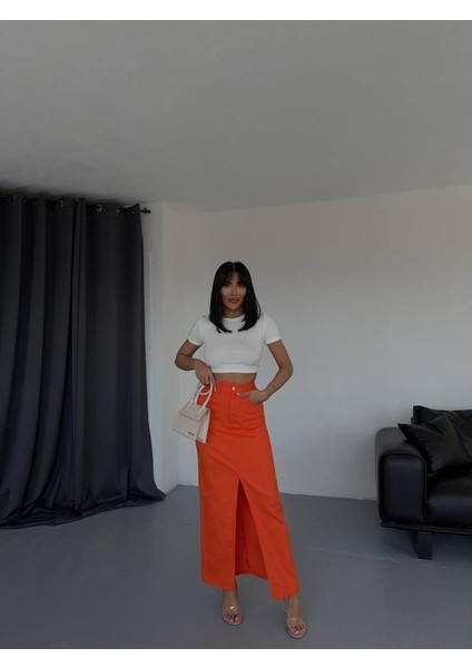 Mottisfashion Gabardin Uzun Önden Yırtmaçlı Etek - Turuncu fırsatları