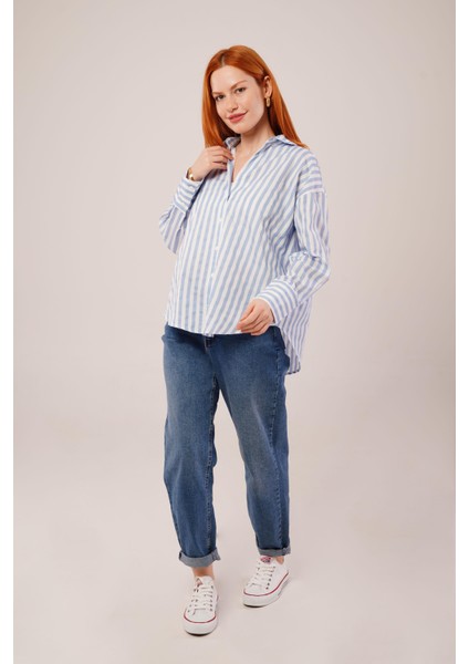Mottisfashion Çizgili Rahat Kesim Mavi Gömlek fiyatları