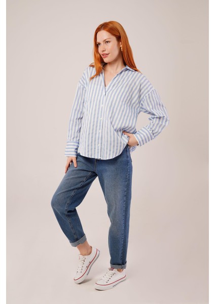 Mottisfashion Çizgili Rahat Kesim Mavi Gömlek