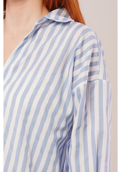 Mottisfashion Çizgili Rahat Kesim Mavi Gömlek