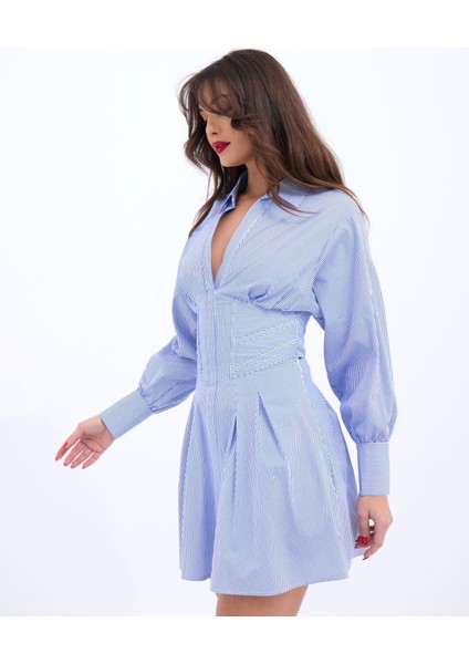 Mottisfashion 6558 Elbise-Mavi Beyaz Çizgili