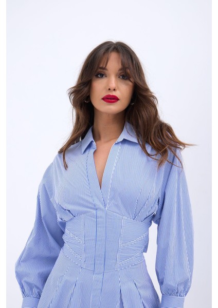 Mottisfashion 6558 Elbise-Mavi Beyaz Çizgili