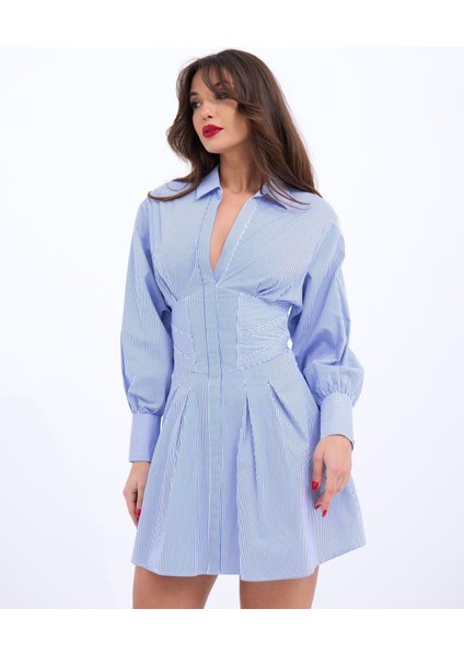 Mottisfashion 6558 Elbise-Mavi Beyaz Çizgili