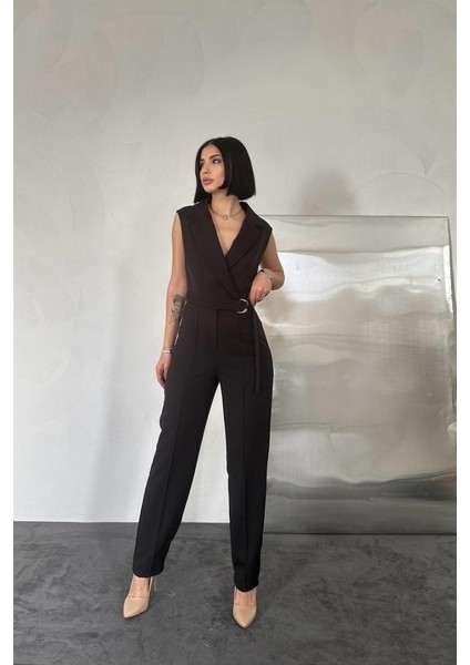 Mottisfashion Siyah Sıfır Kol Atlas Tulum