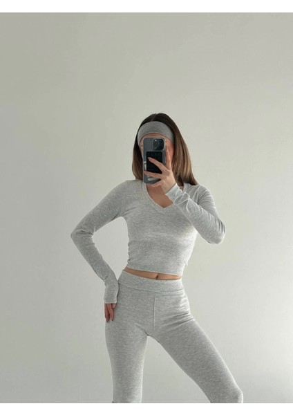 Mottisfashion V Yaka Uzun Kollu Bluz Ispanyol Paçalı Tayt Ikili Takım - Gri