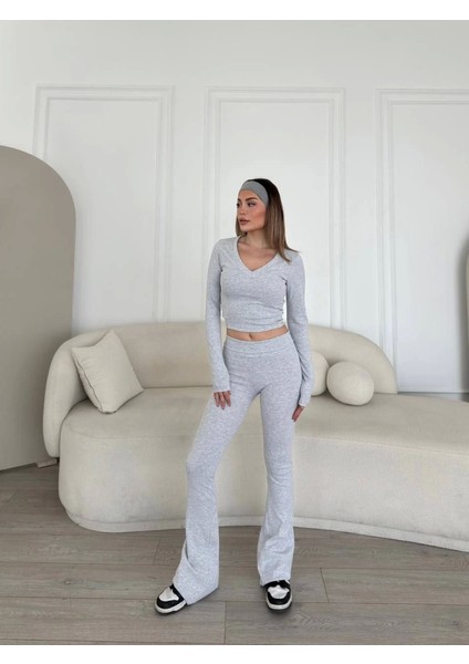 Mottisfashion V Yaka Uzun Kollu Bluz Ispanyol Paçalı Tayt Ikili Takım - Gri modelleri