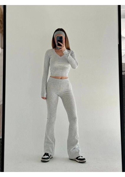 Mottisfashion V Yaka Uzun Kollu Bluz Ispanyol Paçalı Tayt Ikili Takım - Gri fırsatları
