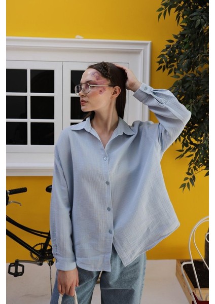 Mottisfashion Müslin Uzun Kol Gömlek - Bebe Mavisi