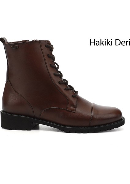 Kadın Kahve Fermuarlı Kauçuk Taban Hakiki Deri Postal Bot