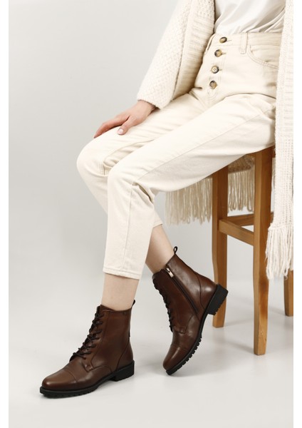 Kadın Kahve Fermuarlı Kauçuk Taban Hakiki Deri Postal Bot fiyatları