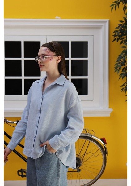 Mottisfashion Müslin Uzun Kol Gömlek - Bebe Mavisi