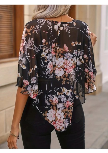 Mottisfashion Kadın Kısa Kollu Yuvarlak Yaka Çiçek Baskılı Asimetrik Kesim Şifon Bluz fiyatları