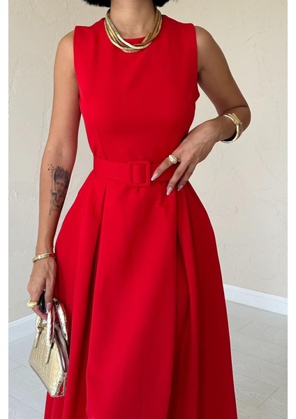 Mottisfashion Kırmızı Halter Yaka Kloş Elbise modelleri