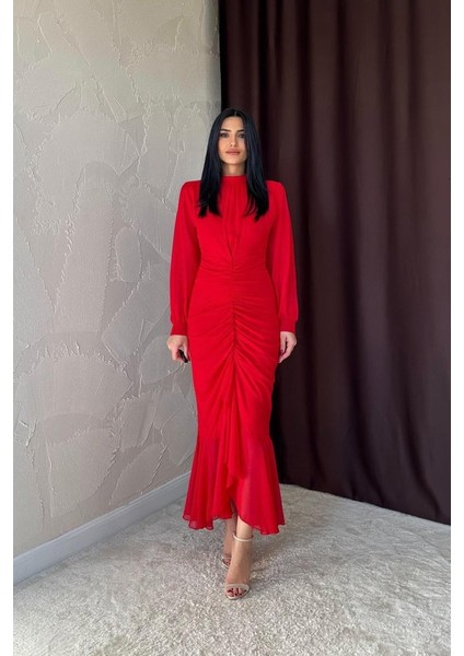 Mottisfashion Kırmızı Önü Büzgülü Şifon Elbise fiyatları