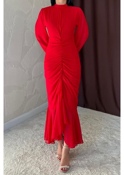 Mottisfashion Kırmızı Önü Büzgülü Şifon Elbise modelleri