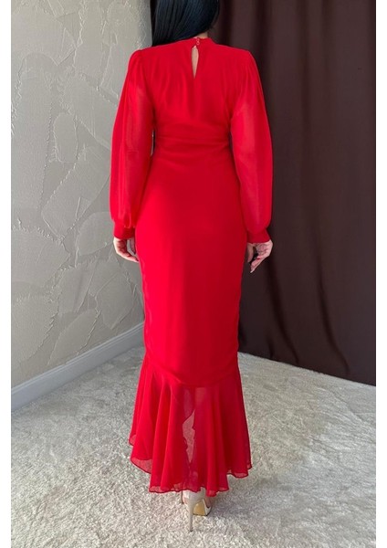 Mottisfashion Kırmızı Önü Büzgülü Şifon Elbise fırsatları