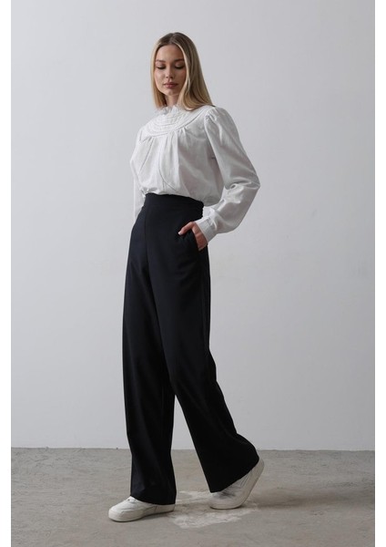 Mottisfashion Beli Yarım Lastikli Palazzo Pantolon - Lacivert