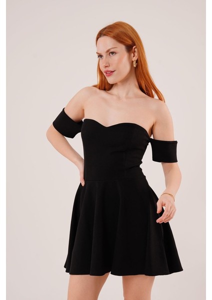 Mottisfashion Kol Detaylı Straplez Siyah Mini Elbise