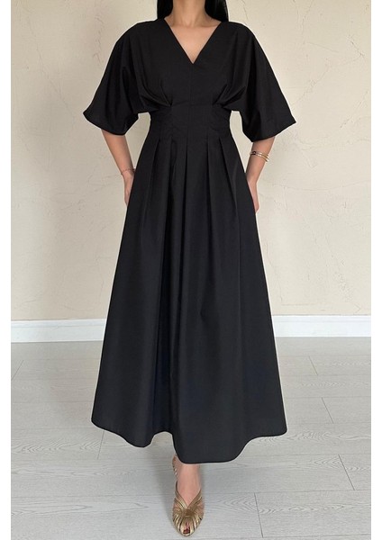 Mottisfashion Siyah Pileli Uzun Elbise fırsatları