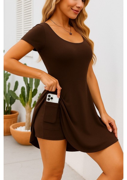Mottisfashion Kadın Kısa Kollu Kare Yaka Short Detaylı Cepli Dalgıç Elbise