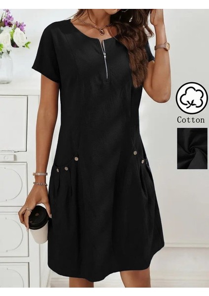 Mottisfashion Kadın Kısa Kollu Yakası Açık Fermuarlı Cep Detaylı Ithal Keten Elbise modelleri