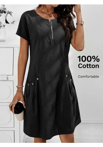Mottisfashion Kadın Kısa Kollu Yakası Açık Fermuarlı Cep Detaylı Ithal Keten Elbise fırsatları