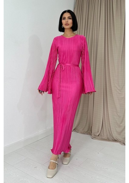 Mottisfashion Fuşya Ispanyol Kol Piliseli Elbise