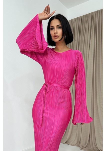 Mottisfashion Fuşya Ispanyol Kol Piliseli Elbise