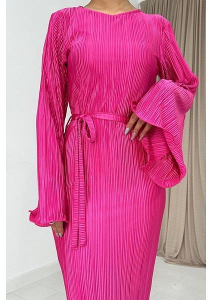 Mottisfashion Fuşya Ispanyol Kol Piliseli Elbise