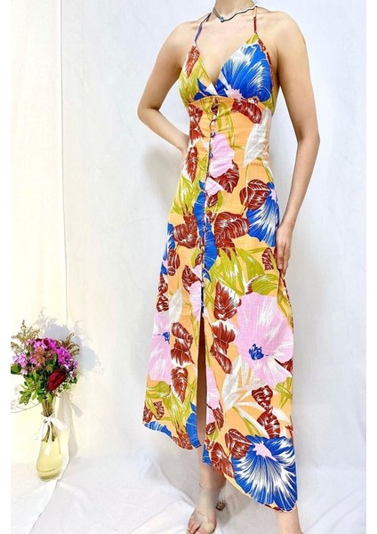 Mottisfashion Mavi Sırt Dekolteli Keten Elbise