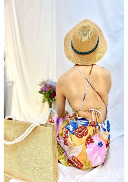 Mottisfashion Mavi Sırt Dekolteli Keten Elbise fiyatları