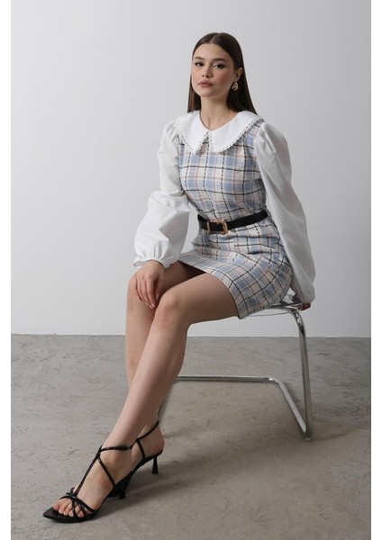 Mottisfashion Ekoseli Gömlek Detaylı Elbise - Mavi indirimleri